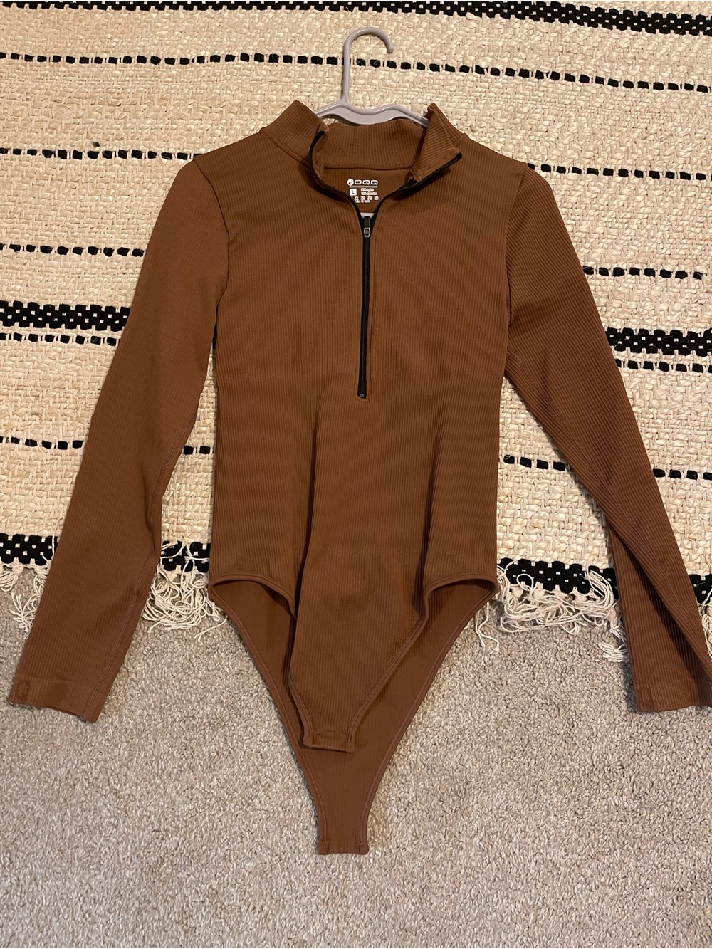 Brown Ribbed Zip-Front Womens One Piece Bodysuit